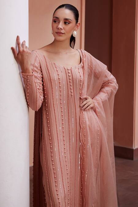 Shop Ohaila Khan Pink Crepe, Organza Pearls Asymmetric Erina Embellished Kurta Pant Set Online at Aza Fashions Shop_Ohaila Khan_Pink Crepe, Organza Pearls Asymmetric Erina Embellished Kurta Pant Set _Online_at_Aza_Fashions