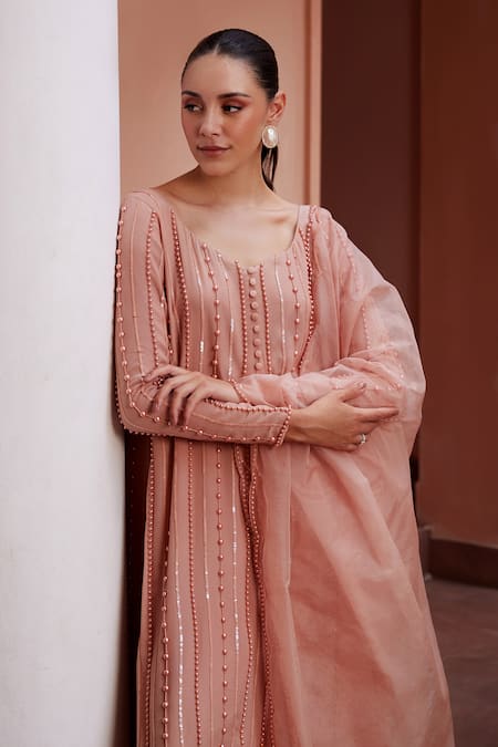 Ohaila Khan Pink Crepe, Organza Pearls Asymmetric Erina Embellished Kurta Pant Set at Aza Fashions Ohaila Khan_Pink Crepe, Organza Pearls Asymmetric Erina Embellished Kurta Pant Set _at_Aza_Fashions