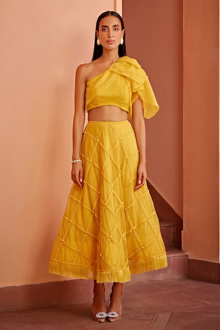 Ohaila Khan_Yellow Organza Pearls, Lace One Shoulder Griva Embroidered Blouse Skirt Set _Online_at_Aza_Fashions