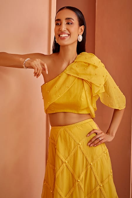 Buy_Ohaila Khan_Yellow Organza Pearls, Lace One Shoulder Griva Embroidered Blouse Skirt Set _Online_at_Aza_Fashions