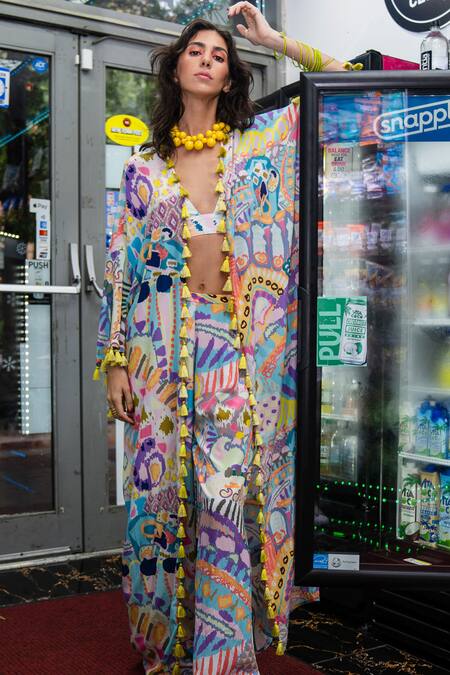 Shop PS Pret By Payal Singhal Multi Color Crepe Tassels Open Neck Abstract Print Jacket at Aza Fashions Shop_PS Pret By Payal Singhal_Multi Color Crepe Tassels Open Neck Abstract Print Jacket_at_Aza_Fashions