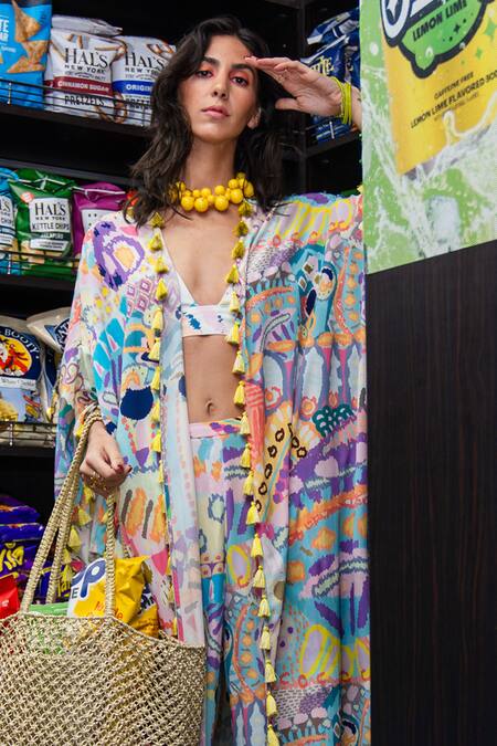 PS Pret By Payal Singhal Multi Color Crepe Tassels Open Neck Abstract Print Jacket Online at Aza Fashions PS Pret By Payal Singhal_Multi Color Crepe Tassels Open Neck Abstract Print Jacket_Online_at_Aza_Fashions