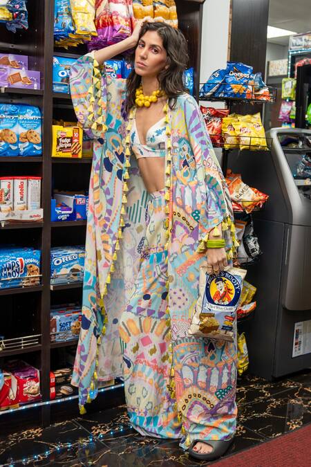 Buy PS Pret By Payal Singhal Multi Color Crepe Tassels Open Neck Abstract Print Jacket Online at Aza Fashions Buy_PS Pret By Payal Singhal_Multi Color Crepe Tassels Open Neck Abstract Print Jacket_Online_at_Aza_Fashions
