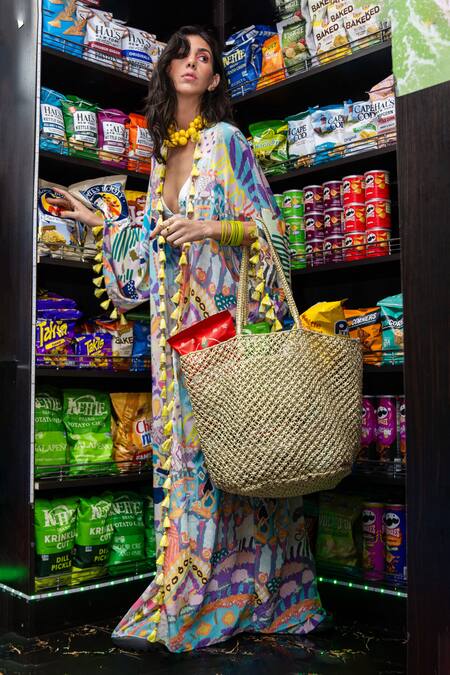 Shop PS Pret By Payal Singhal Multi Color Crepe Tassels Open Neck Abstract Print Jacket Online at Aza Fashions Shop_PS Pret By Payal Singhal_Multi Color Crepe Tassels Open Neck Abstract Print Jacket_Online_at_Aza_Fashions