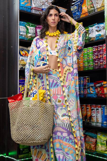 Buy PS Pret By Payal Singhal Multi Color Crepe Tassels Open Neck Abstract Print Jacket Buy_PS Pret By Payal Singhal_Multi Color Crepe Tassels Open Neck Abstract Print Jacket