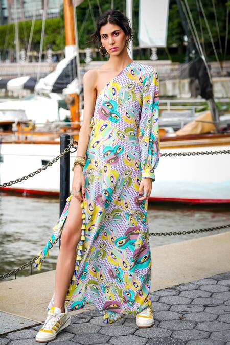 Shop_PS Pret By Payal Singhal_Off White Crepe Tassels Asymmetric Abstract Illusion Print Jacket Dress _Online_at_Aza_Fashions