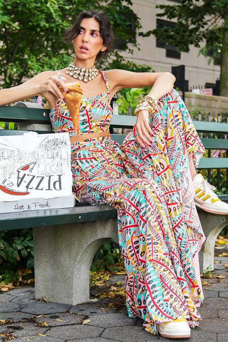 PS Pret By Payal Singhal_Pink Crepe Square Neck Abstract Illusion Print Top With Pant _Online_at_Aza_Fashions