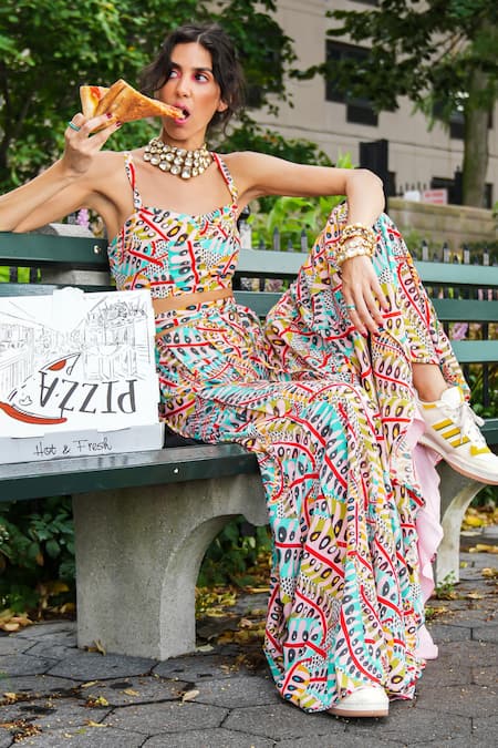 Buy_PS Pret By Payal Singhal_Pink Crepe Square Neck Abstract Illusion Print Top With Pant _Online_at_Aza_Fashions