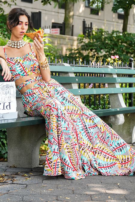 PS Pret By Payal Singhal_Pink Crepe Square Neck Abstract Illusion Print Top With Pant _at_Aza_Fashions