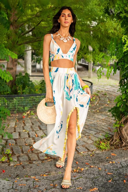 PS Pret By Payal Singhal_Off White Crepe V-neck Color Splash Print Top With Skirt _Online_at_Aza_Fashions