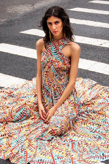 Payal Singhal_Pink Crepe Printed Leaf Halter Neck Ella Dress _Online_at_Aza_Fashions