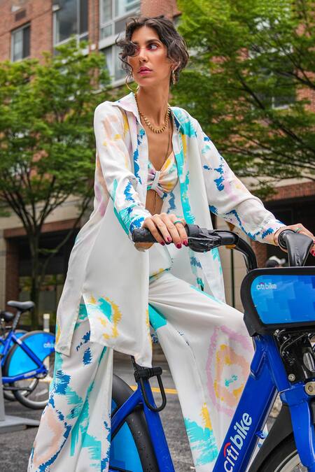 Payal Singhal_Off White Crepe Printed Ikat Splash Jacket Spread Collar Willow Palazzo Set _Online_at_Aza_Fashions