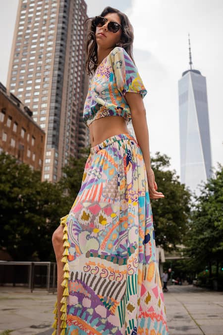 PS Pret By Payal Singhal_Multi Color Crepe Print Illusion Round Neck Top With Skirt_Online_at_Aza_Fashions