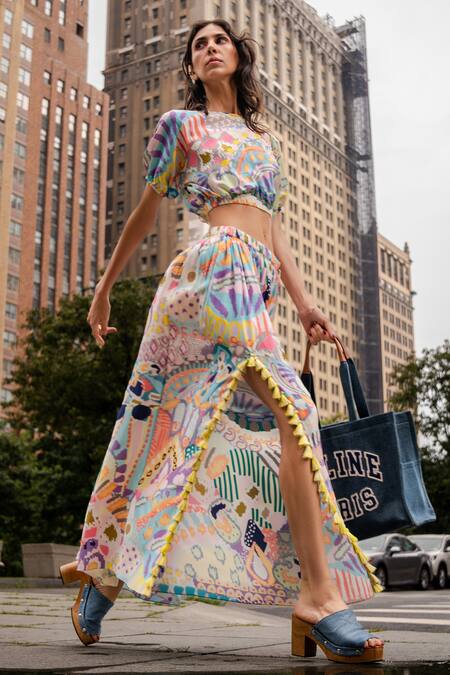 PS Pret By Payal Singhal_Multi Color Crepe Print Illusion Round Neck Top With Skirt_at_Aza_Fashions