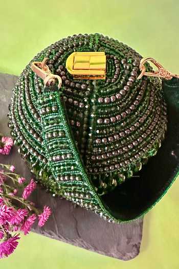Nayaab By Sonia_Green Pearls, Crystals Pristine Tassel Embellished Potli Bag _Online_at_Aza_Fashions