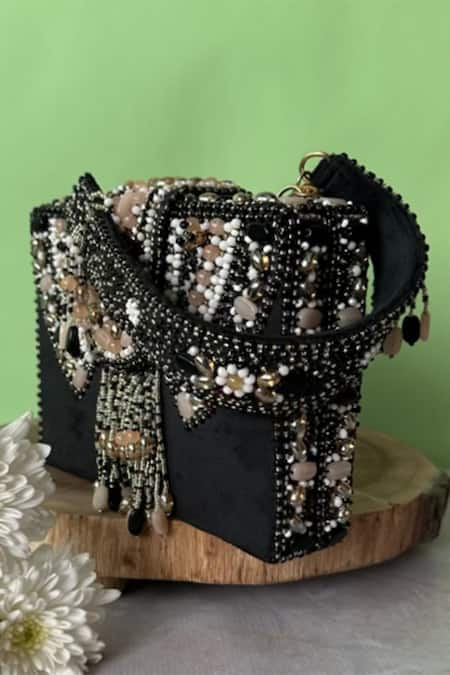 Shop Nayaab By Sonia Black Crystals, Beads Embellished Box Clutch Bag Online at Aza Fashions Shop_Nayaab By Sonia_Black Crystals, Beads Embellished Box Clutch Bag _Online_at_Aza_Fashions