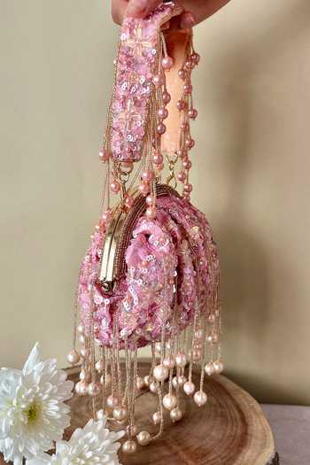 Nayaab By Sonia_Pink Sequins, Beads Rosette Embellished Potli Bag _Online_at_Aza_Fashions
