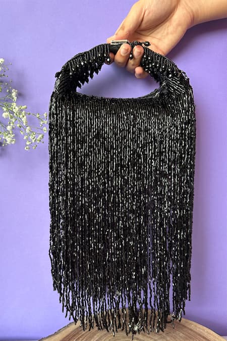 Nayaab by Sonia Black Embellished Silk Tassel Sailor Potli