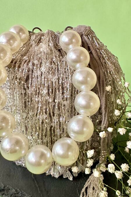Buy_Nayaab By Sonia_Silver Crystals, Pearls Frost Tassel Drop Bucket Bag_Online_at_Aza_Fashions