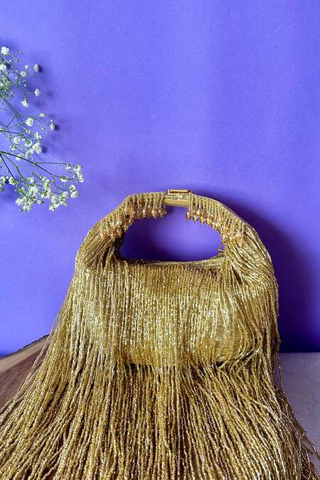 Nayaab By Sonia_Gold Beads, Cut Work Tassel Sailor Embellished Potli _Online_at_Aza_Fashions