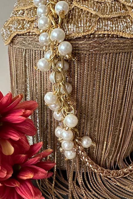 Nayaab By Sonia Gold Embroidery, Cut Work Hinted Cascade Luxe Tassel Embellished Potli Online at Aza Fashions Nayaab By Sonia_Gold Embroidery, Cut Work Hinted Cascade Luxe Tassel Embellished Potli _Online_at_Aza_Fashions
