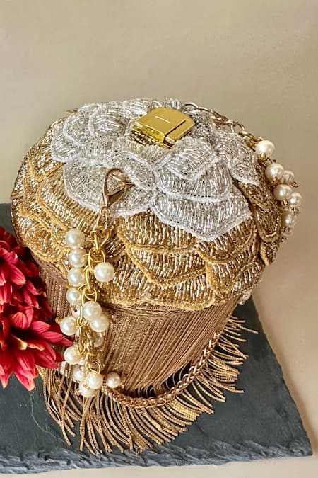 Buy Nayaab By Sonia Gold Embroidery, Cut Work Hinted Cascade Luxe Tassel Embellished Potli Online at Aza Fashions Buy_Nayaab By Sonia_Gold Embroidery, Cut Work Hinted Cascade Luxe Tassel Embellished Potli _Online_at_Aza_Fashions