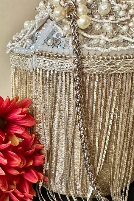 Nayaab By Sonia_Silver Embroidery, Cut Work, Hinted Cascade Luxe Tassel Embellished Potli_Online_at_Aza_Fashions