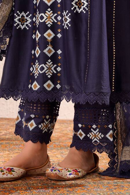 Shop_OMI_Blue Chanderi, Organza Lace Round Neck Flora Motif Print Anarkali Pant Set _Online_at_Aza_Fashions