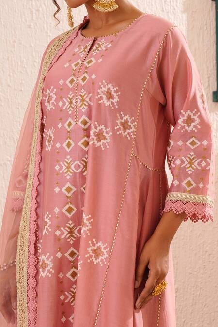 Shop OMI Pink Chanderi, Organza Embroidery, Lace Bloom Motif Print Anarkali Pant Set Online at Aza Fashions Shop_OMI_Pink Chanderi, Organza Embroidery, Lace Bloom Motif Print Anarkali Pant Set _Online_at_Aza_Fashions