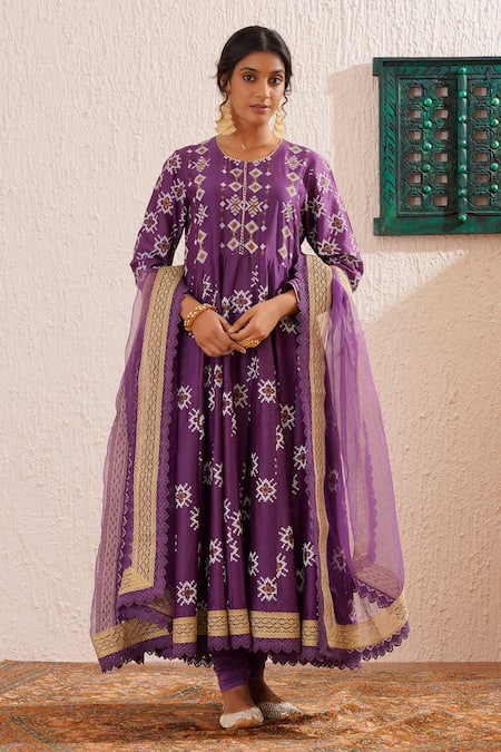 OMI Purple Chanderi, Cotton, Organza Gota Blossom Motif Block Print Anarkali Set 