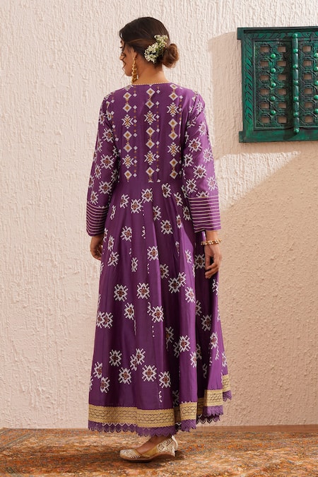 Shop_OMI_Purple Chanderi, Cotton, Organza Gota Blossom Motif Block Print Anarkali Set _at_Aza_Fashions