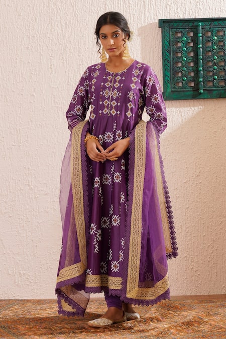OMI_Purple Chanderi, Cotton, Organza Gota Blossom Motif Block Print Anarkali Set _Online_at_Aza_Fashions