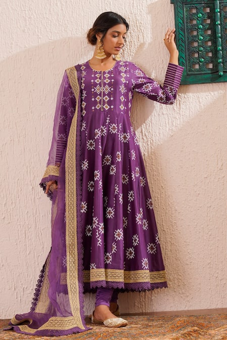 Shop_OMI_Purple Chanderi, Cotton, Organza Gota Blossom Motif Block Print Anarkali Set _Online_at_Aza_Fashions