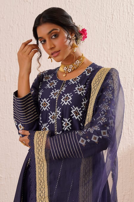 Shop_OMI_Blue Chanderi, Organza Embroidery Round Neck Blossom Block Print Anarkali Set _Online_at_Aza_Fashions