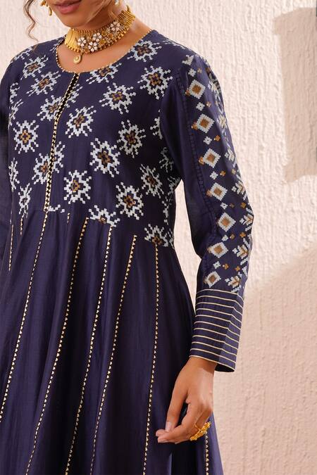 OMI_Blue Chanderi, Organza Embroidery Round Neck Blossom Block Print Anarkali Set _at_Aza_Fashions