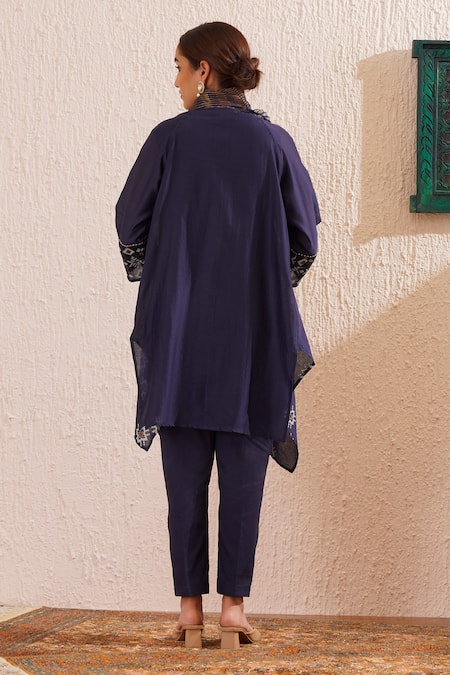 Shop OMI Blue Chanderi Cowl Neck Flowery Motif Print Tunic Kurta Pant Set at Aza Fashions Shop_OMI_Blue Chanderi Cowl Neck Flowery Motif Print Tunic Kurta Pant Set _at_Aza_Fashions