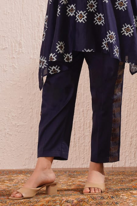 OMI Blue Chanderi Cowl Neck Flowery Motif Print Tunic Kurta Pant Set Online at Aza Fashions OMI_Blue Chanderi Cowl Neck Flowery Motif Print Tunic Kurta Pant Set _Online_at_Aza_Fashions