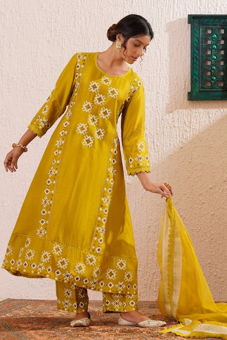 Buy OMI Green Silk, Organza Embroidery, Bloom Block Print Panelled Anarkali Pant Set Online at Aza Fashions Buy_OMI_Green Silk, Organza Embroidery, Bloom Block Print Panelled Anarkali Pant Set _Online_at_Aza_Fashions