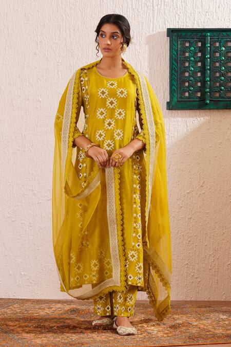 Shop OMI Green Silk, Organza Embroidery, Bloom Block Print Panelled Anarkali Pant Set Online at Aza Fashions Shop_OMI_Green Silk, Organza Embroidery, Bloom Block Print Panelled Anarkali Pant Set _Online_at_Aza_Fashions