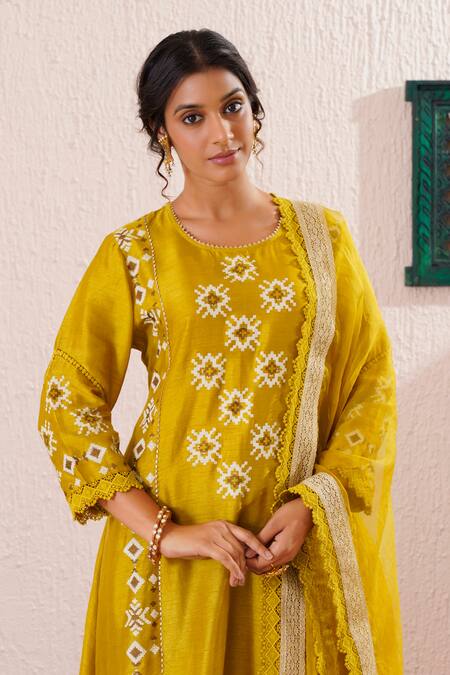 OMI Green Silk, Organza Embroidery, Bloom Block Print Panelled Anarkali Pant Set at Aza Fashions OMI_Green Silk, Organza Embroidery, Bloom Block Print Panelled Anarkali Pant Set _at_Aza_Fashions