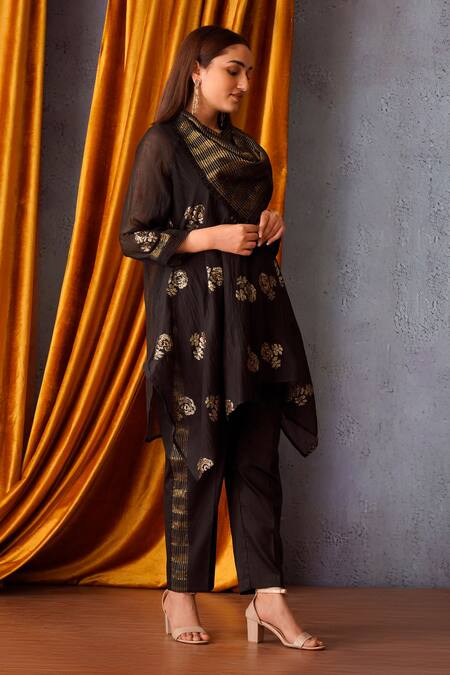 OMI_Black Chanderi Sequins Cowl Neck Asymmetric Embroidered Tunic _Online_at_Aza_Fashions