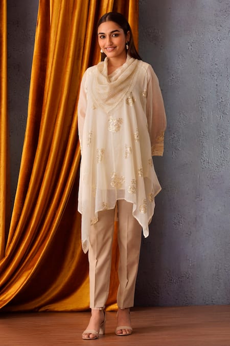 OMI_Off White Chanderi Sequins, Embroidery Cowl Neck Asymmetric Tunic _Online_at_Aza_Fashions