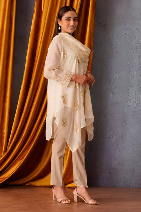 Buy_OMI_Off White Chanderi Sequins, Embroidery Cowl Neck Asymmetric Tunic _Online_at_Aza_Fashions