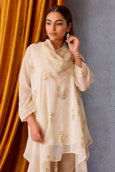Shop_OMI_Off White Chanderi Sequins, Embroidery Cowl Neck Asymmetric Tunic _Online_at_Aza_Fashions
