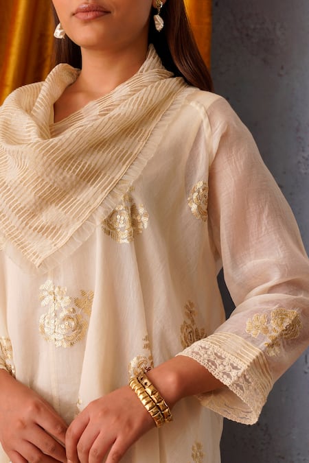 OMI_Off White Chanderi Sequins, Embroidery Cowl Neck Asymmetric Tunic _at_Aza_Fashions
