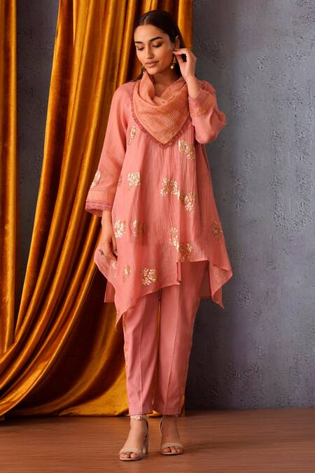 OMI_Pink Chanderi Embroidery, Sequins Cowl Neck Floral Tunic _Online_at_Aza_Fashions