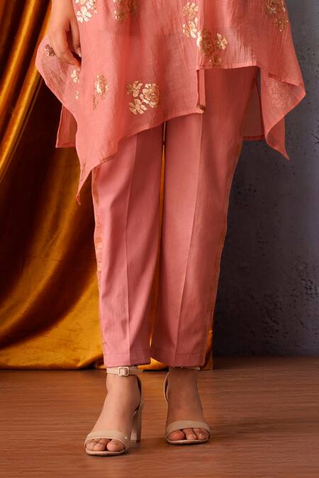 Buy_OMI_Pink Chanderi Embroidery, Sequins Cowl Neck Floral Tunic _Online_at_Aza_Fashions