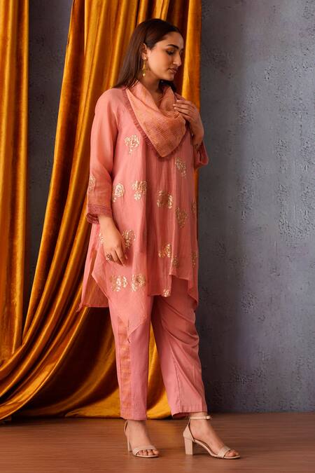 Shop_OMI_Pink Chanderi Embroidery, Sequins Cowl Neck Floral Tunic _Online_at_Aza_Fashions