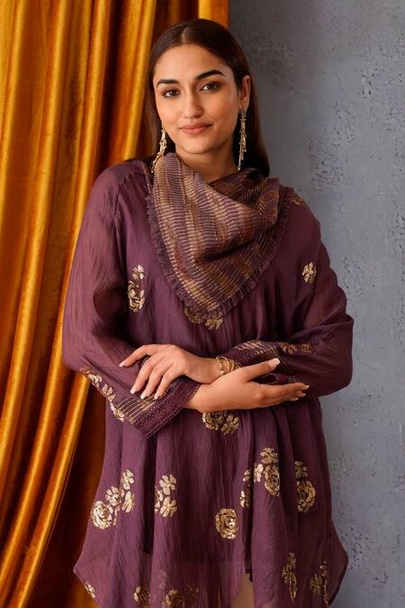 Buy OMI Wine Chanderi Sequins Cowl Neck Floral Embroidered Tunic Online at Aza Fashions Buy_OMI_Wine Chanderi Sequins Cowl Neck Floral Embroidered Tunic _Online_at_Aza_Fashions