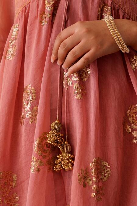 Red and Gold Embroidered Pant Set With Jacket